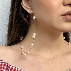 Silver Tone Exaggerated Large Hoop Earrings With White Faux Pearls‎ 4.5in